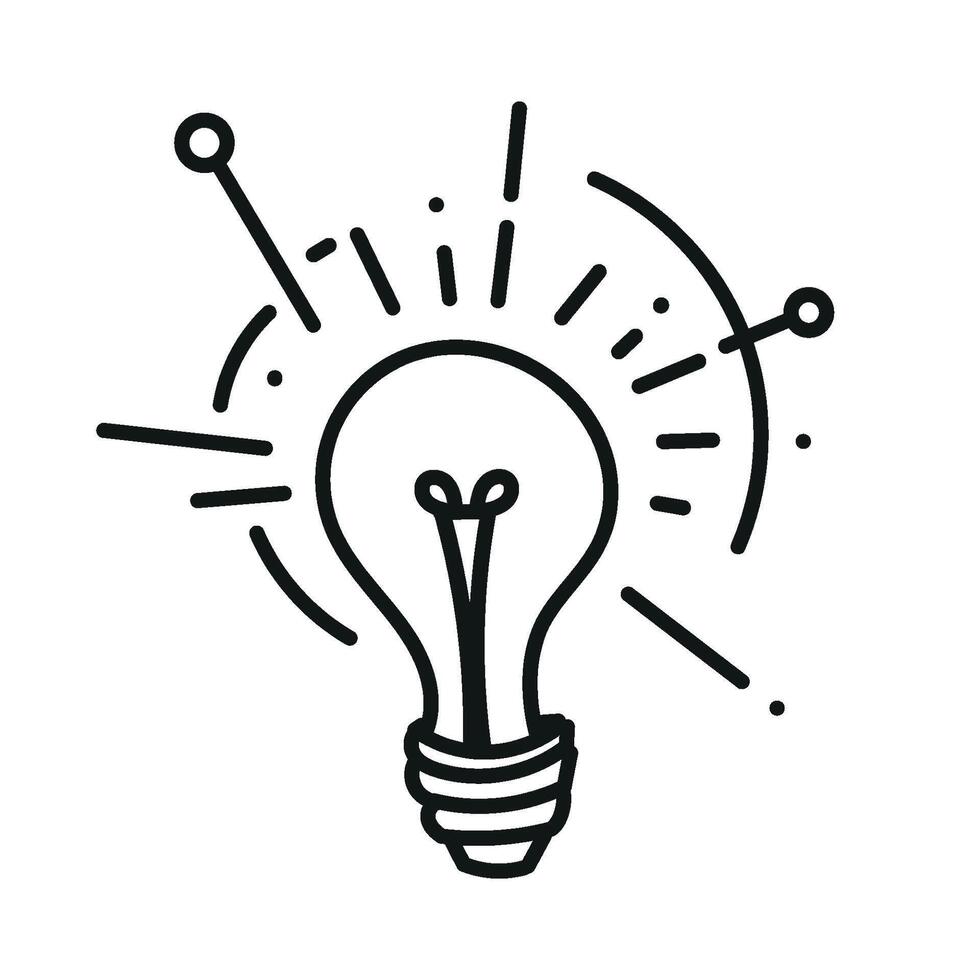 Light bulb with rays shine. Energy and idea symbol isolated on white background. Hand drawn doodle lineart illustration. Design for greeting cards, patches, prints, badges, posters vector