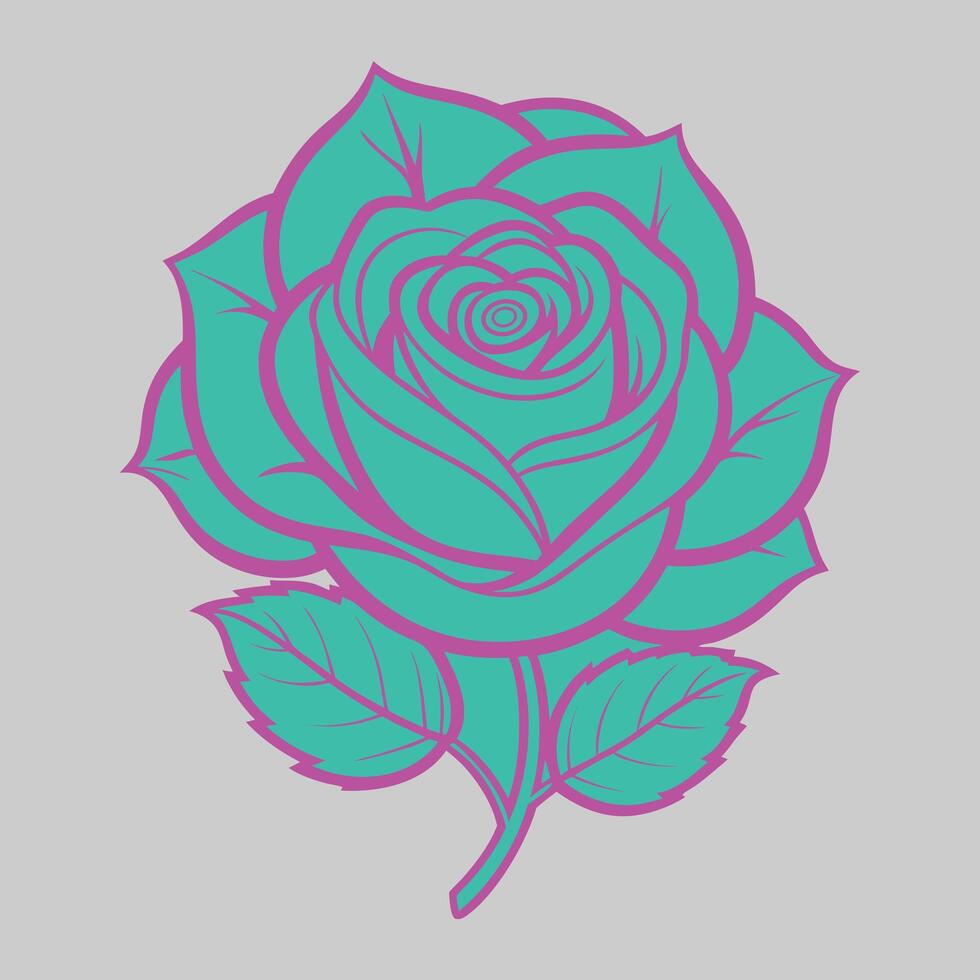 a drawing of a rose with green leaves and pink and green leaves. vector