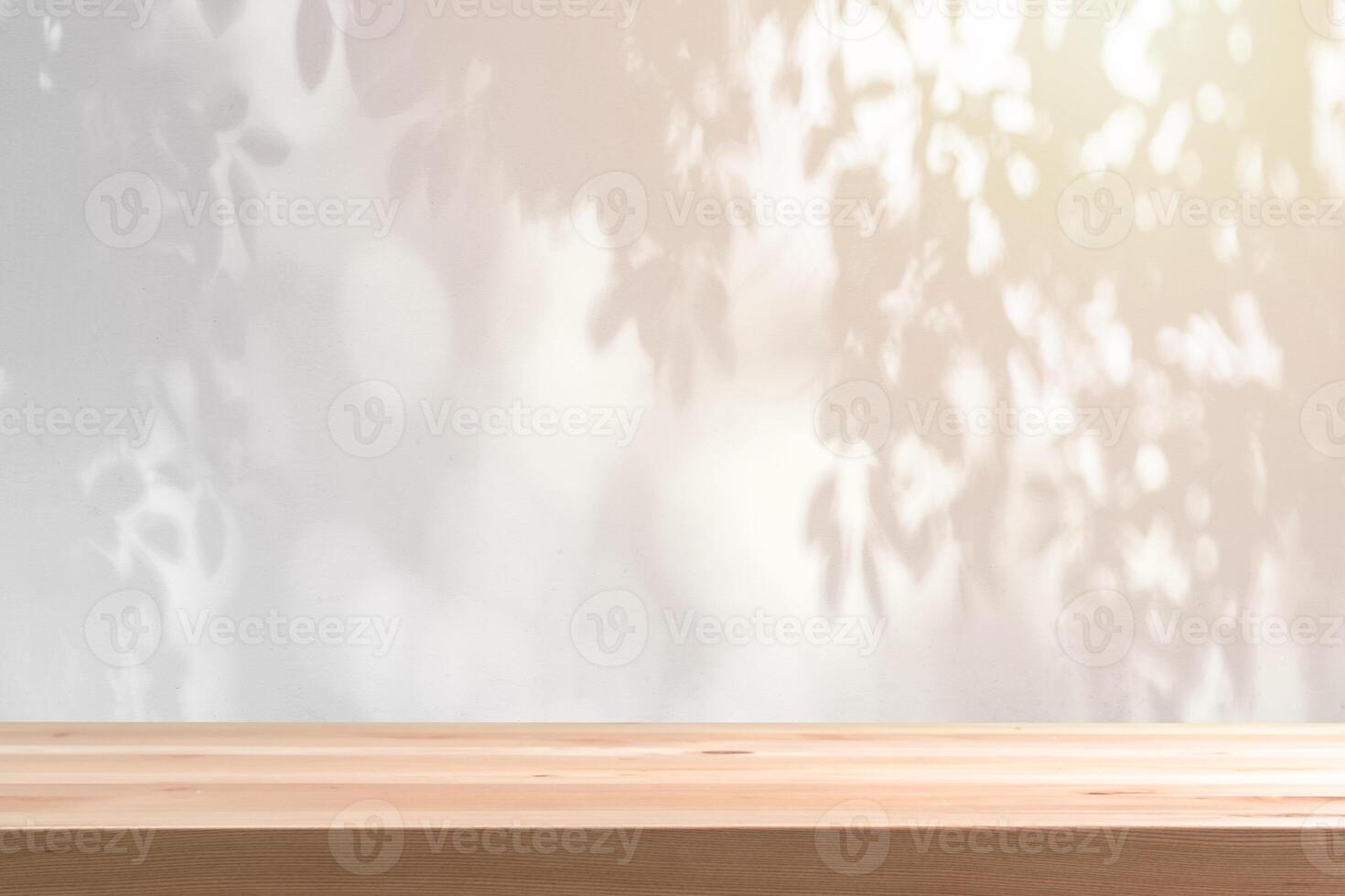 Abstract black and white Shadow of leaves background with empty wooden table photo