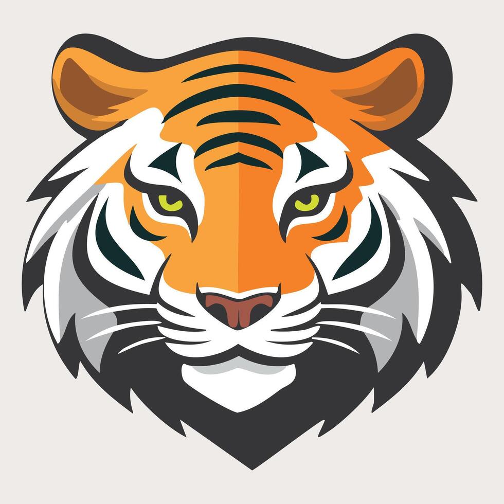 vibrant tiger head illustration featuring bold orange and black stripes, showcasing fierce green eyes and strong expression. Perfect for wildlife themes vector
