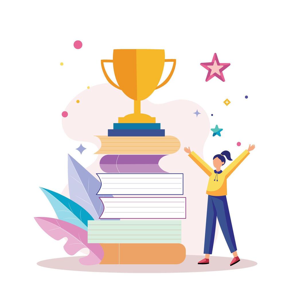 Cheerful scene of person celebrating success with trophy atop colorful books, symbolizing achievement and knowledge. vibrant colors and joyful expression enhance positive atmosphere vector