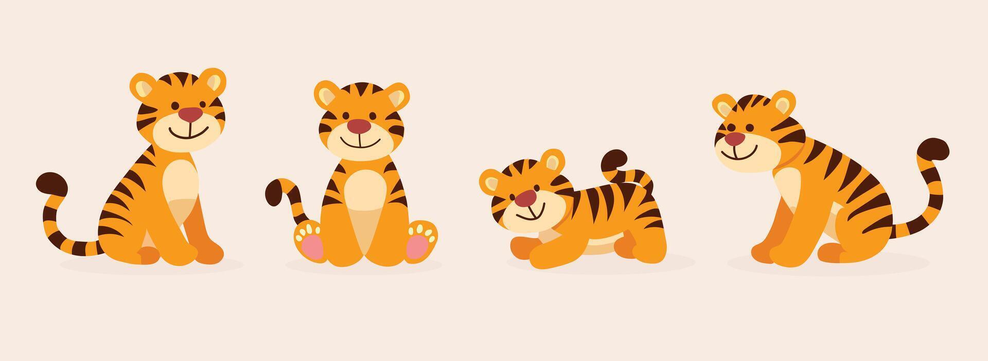 Cute cartoon tigers in various poses, showcasing playful expressions and vibrant colors. Perfect for children illustrations or educational materials vector