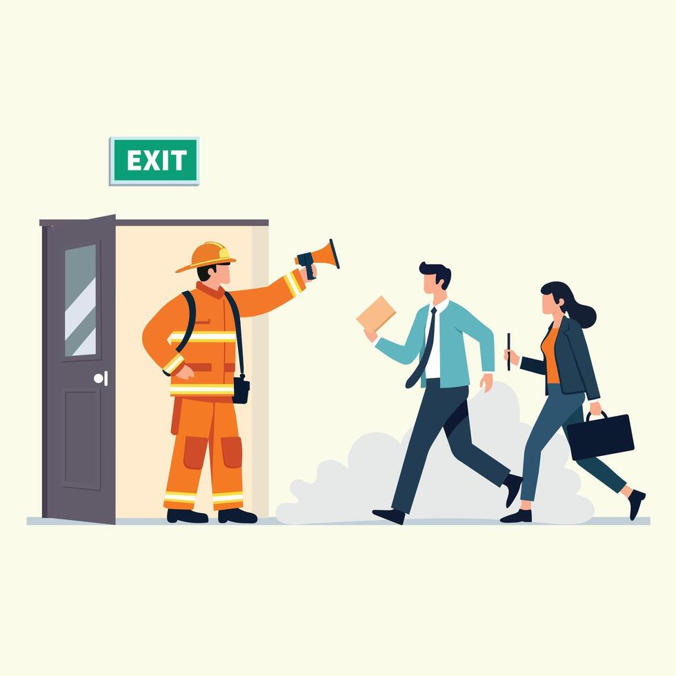 Emergency evacuation scene with firefighter guiding people to exit. illustration depicts urgency and safety during building evacuation vector