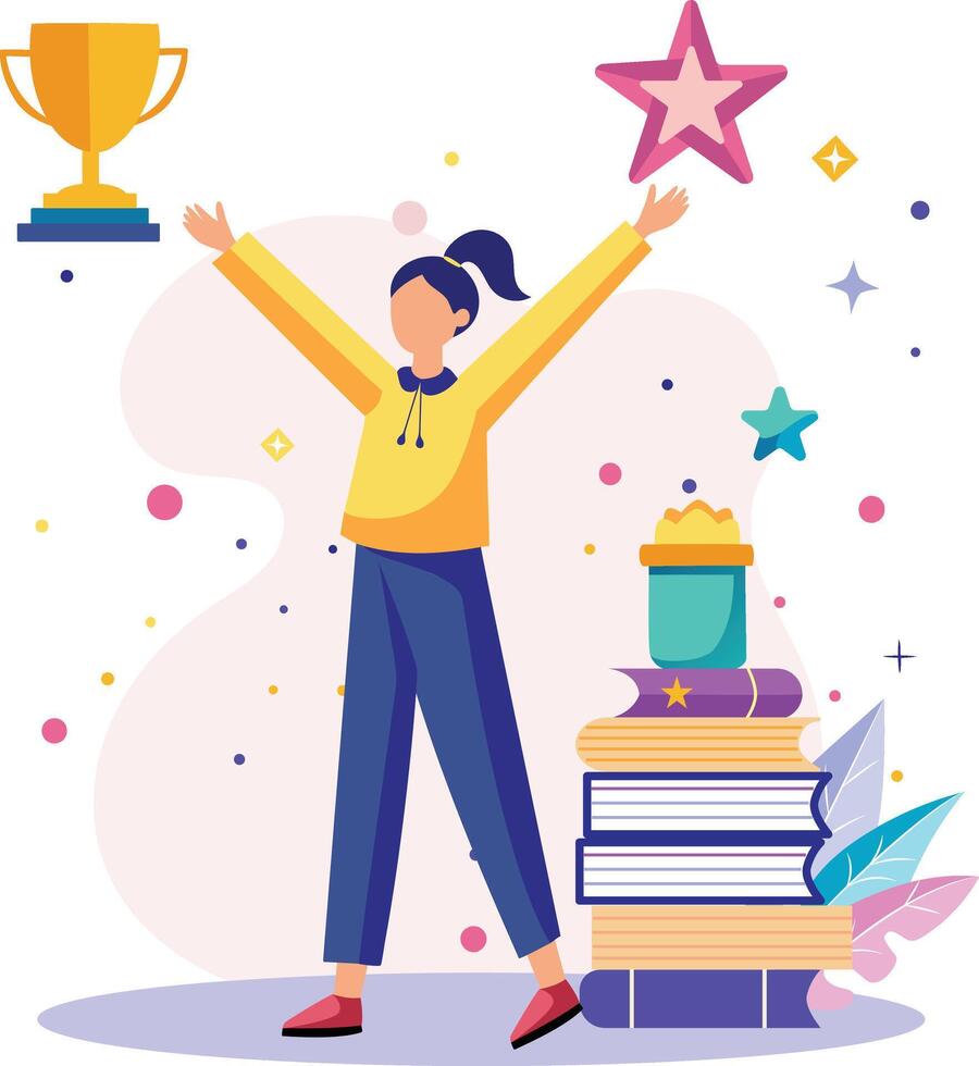 cheerful person celebrates success with arms raised, surrounded by books, trophy, and colorful stars. This vibrant scene conveys joy and achievement vector