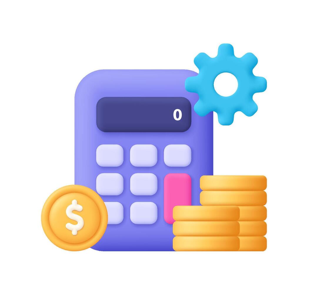 Calculator with coin money stack and gear. Business, finance management, accounting, tax and budget planning concept. 3d icon. Cartoon minimal style. vector