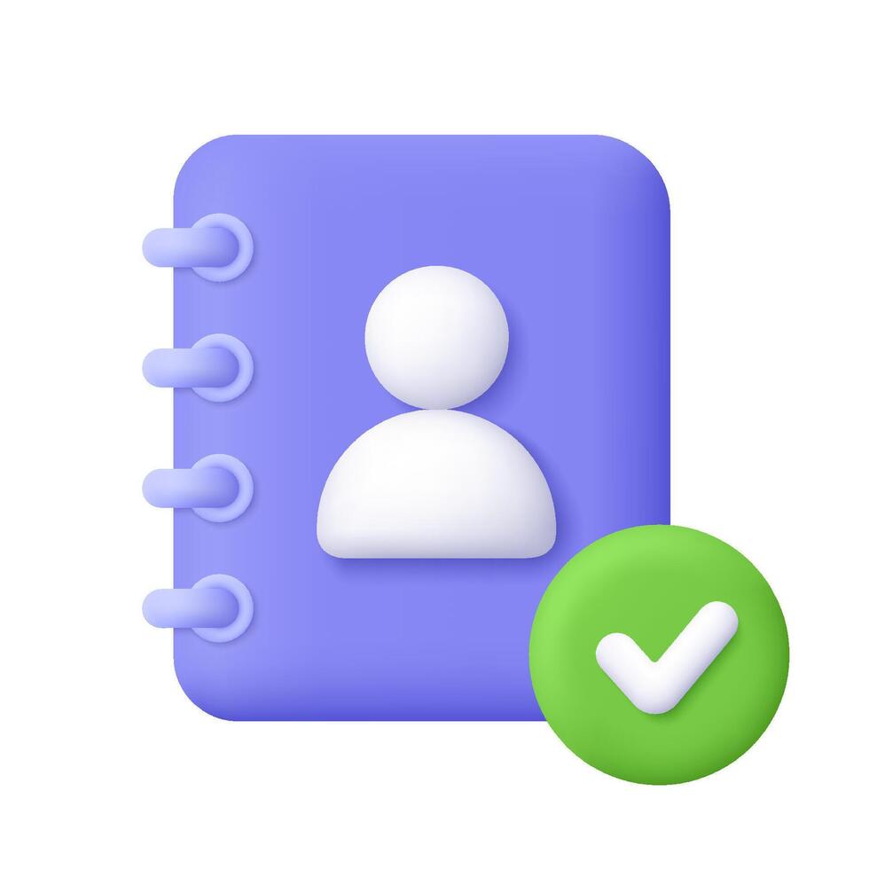 Contact book with user sign and check mark. Contact information, business, verification, digital communication concept. 3d icon. Cartoon minimal style. vector