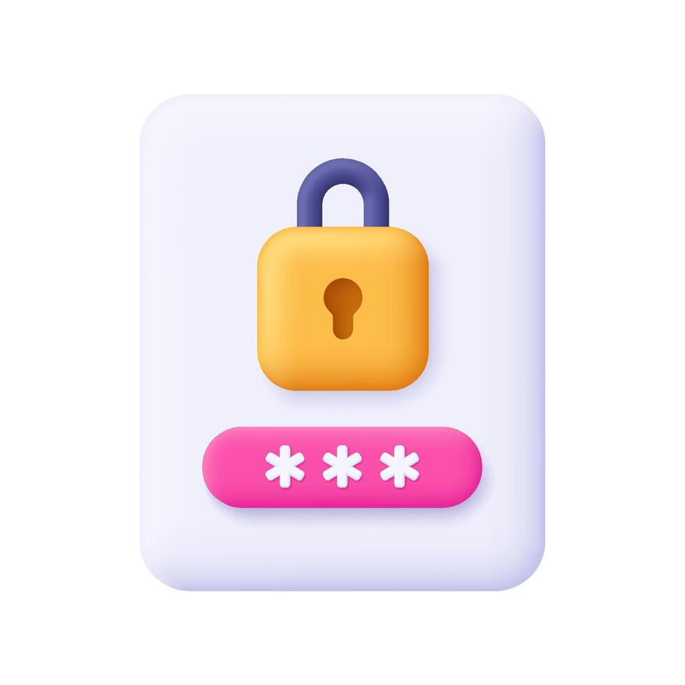 Document file with padlock and password. Data protection, internet security and cyber security. 3d icon. Cartoon minimal style. vector
