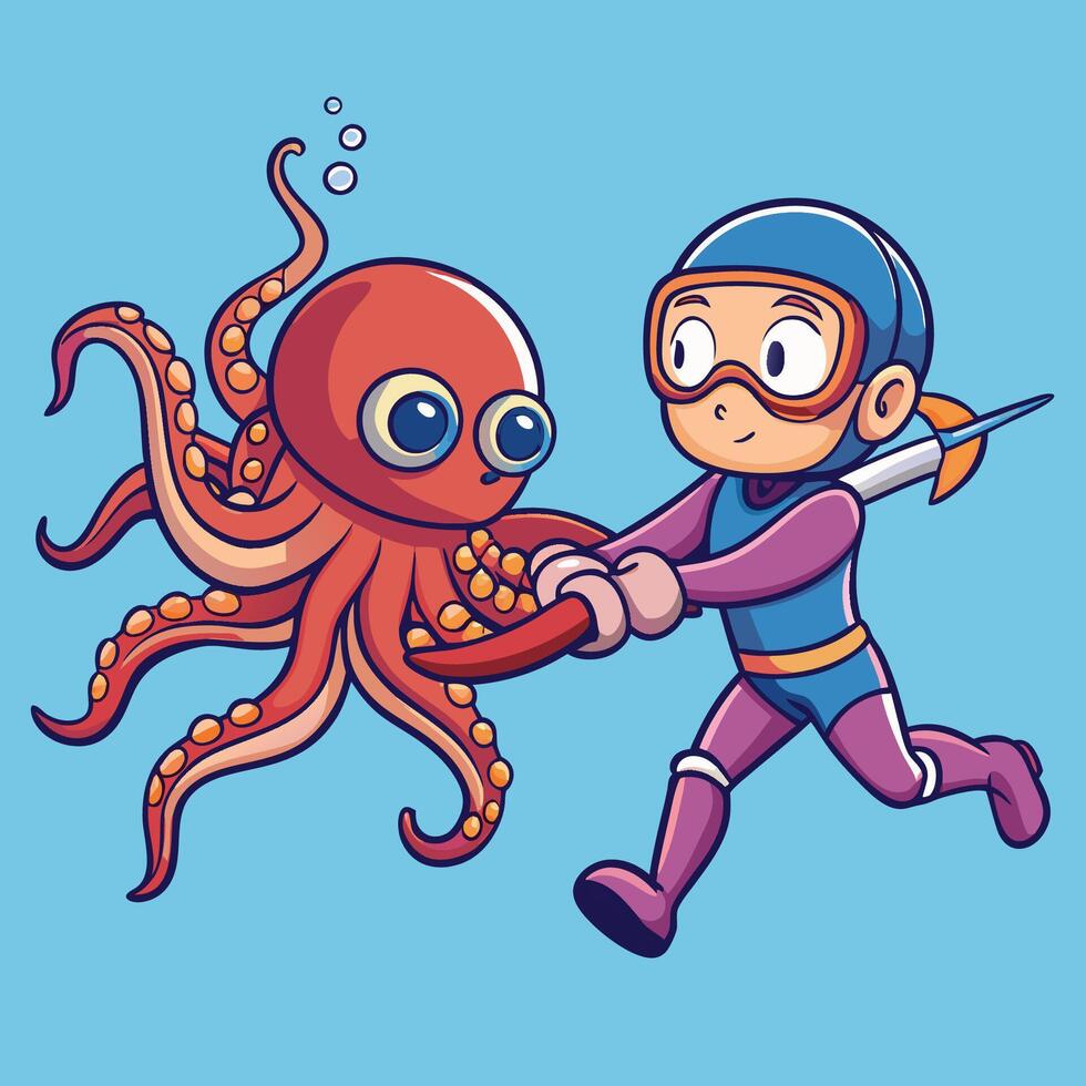 Adorable Cartoon Icon of a Diver Battling a Playful Octopus vector