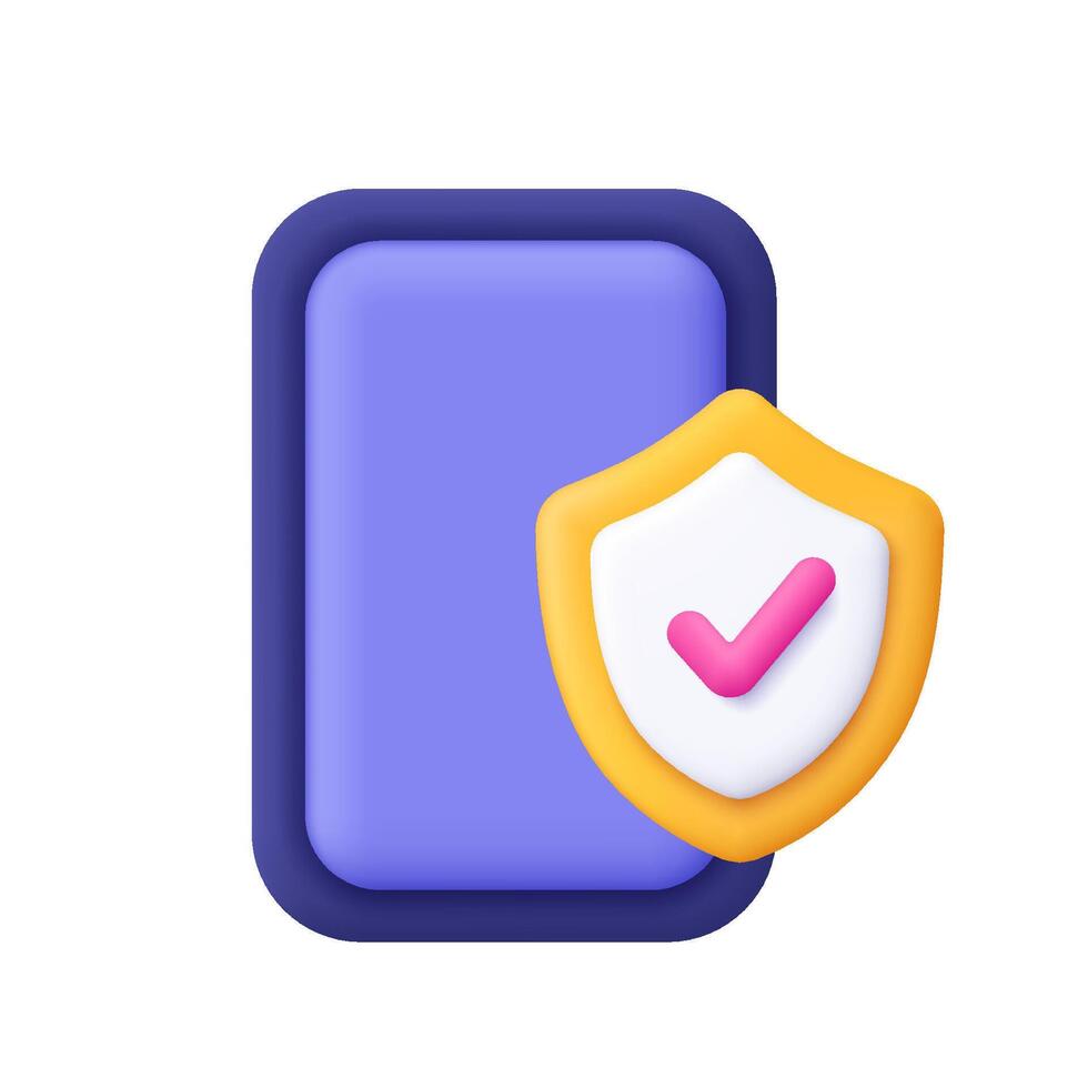 Smartphone and protection shield with check mark. Cyber security, mobile security, Data security protection. 3d icon. Cartoon minimal style. vector