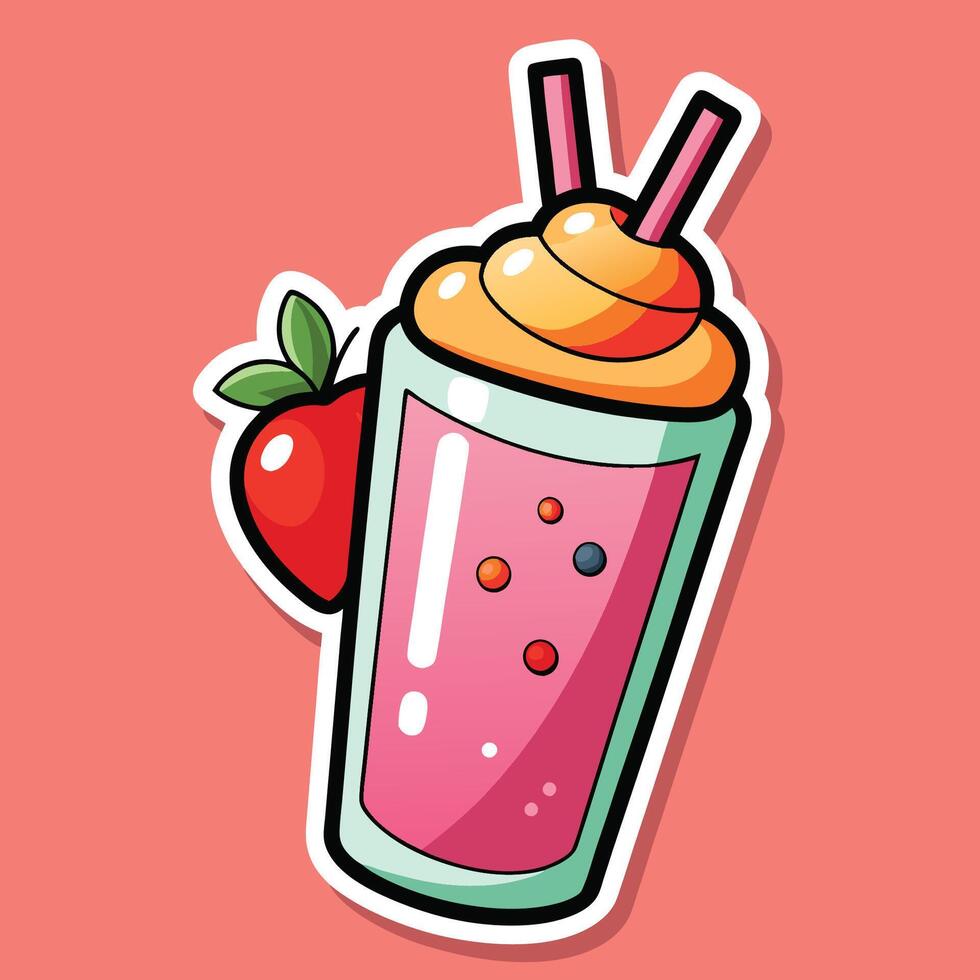 Adorable Cartoon Strawberry Smoothie Sticker with Cheerful Expression vector