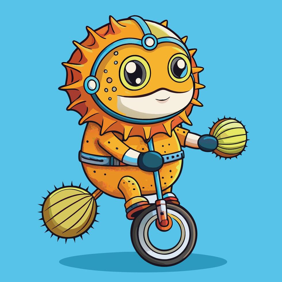 Cute Circus Diver Juggling Puffer Fish on a Unicycle vector