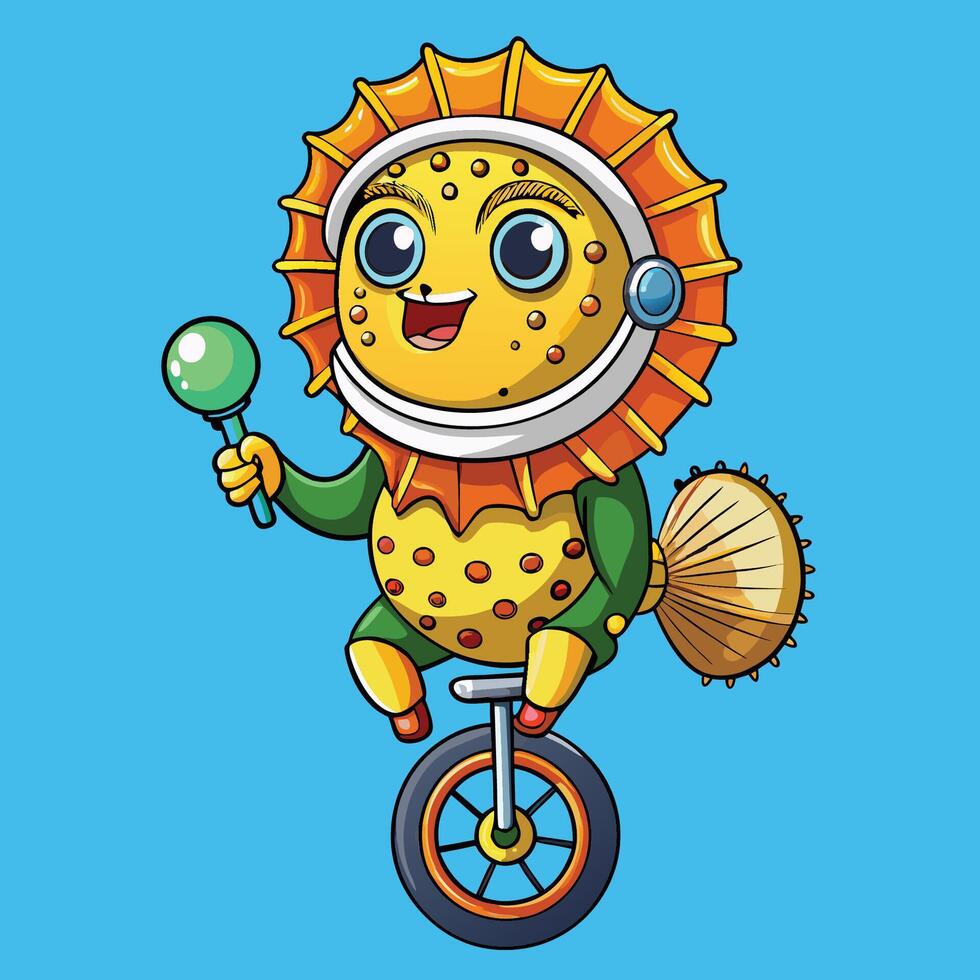Cheerful Diver Entertains Audience with Pufferfish Acrobatics on Unicycle vector