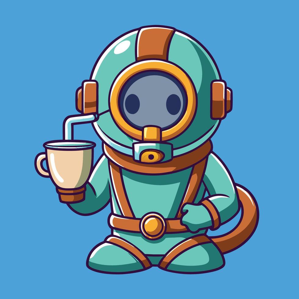 Adorable Diver Sipping Coffee in Cartoon Style vector