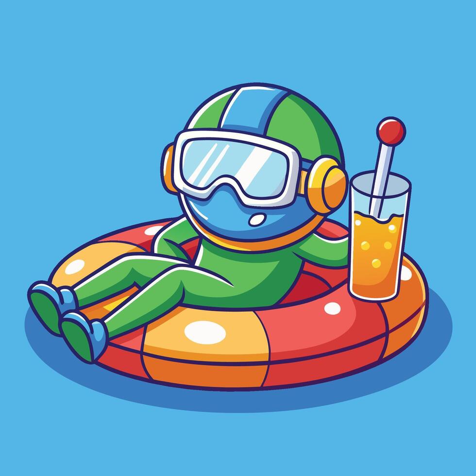 Carefree Diver Relaxes on Colorful Swimming Tires with Refreshing Juice vector