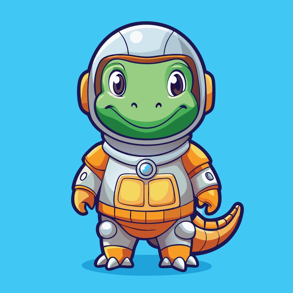 Adorable Dinosaur Astronaut Soaring Through Space in Cartoon Illustration vector