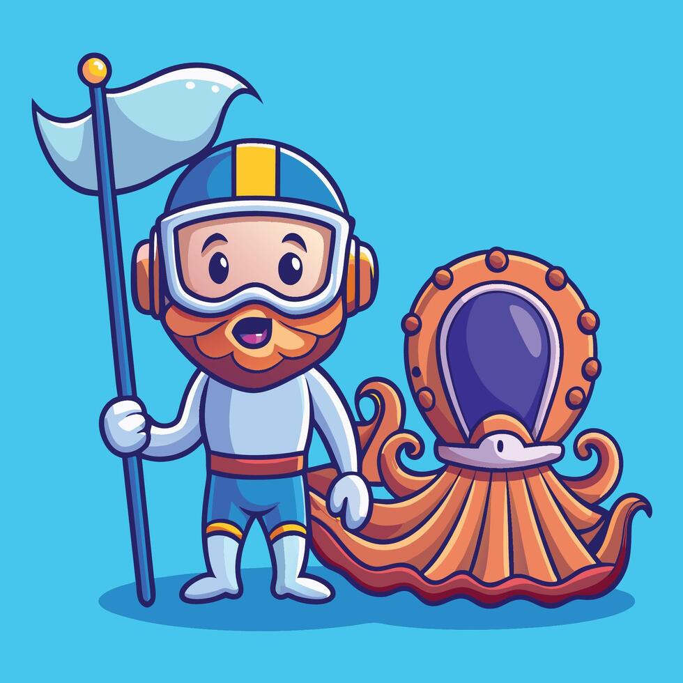 Cute Female Diver Admiring Pearl Shell with Friendly Octopus in California vector