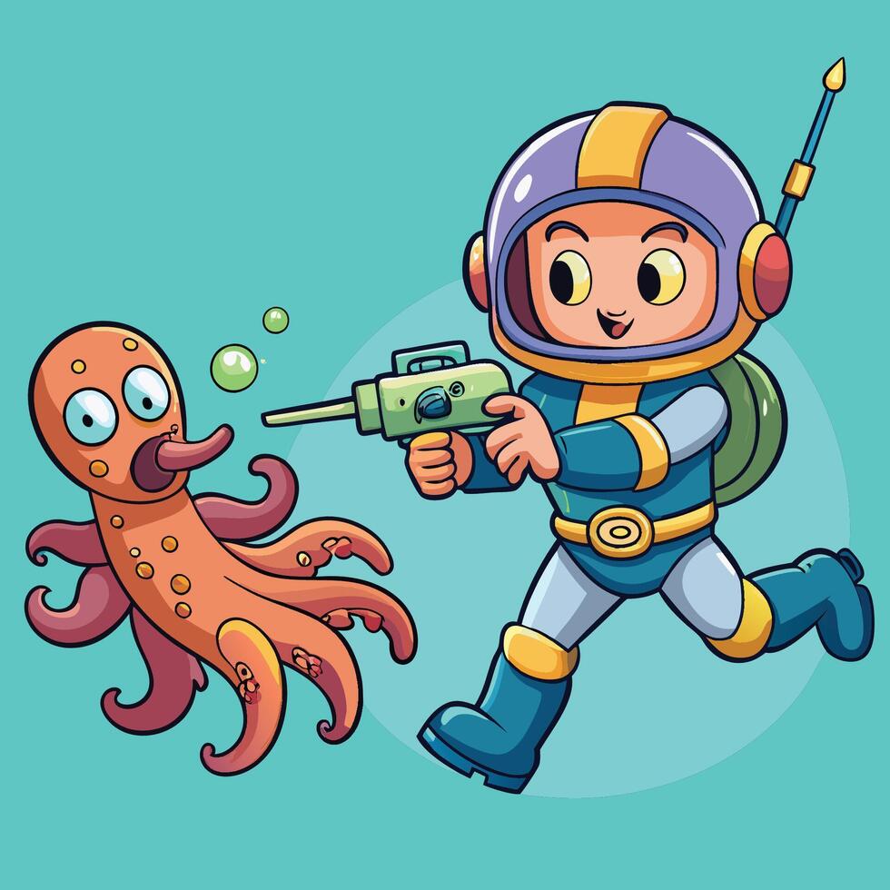 Epic Battle in Space Diver and Octopus Clash with Laser-Armed Car vector