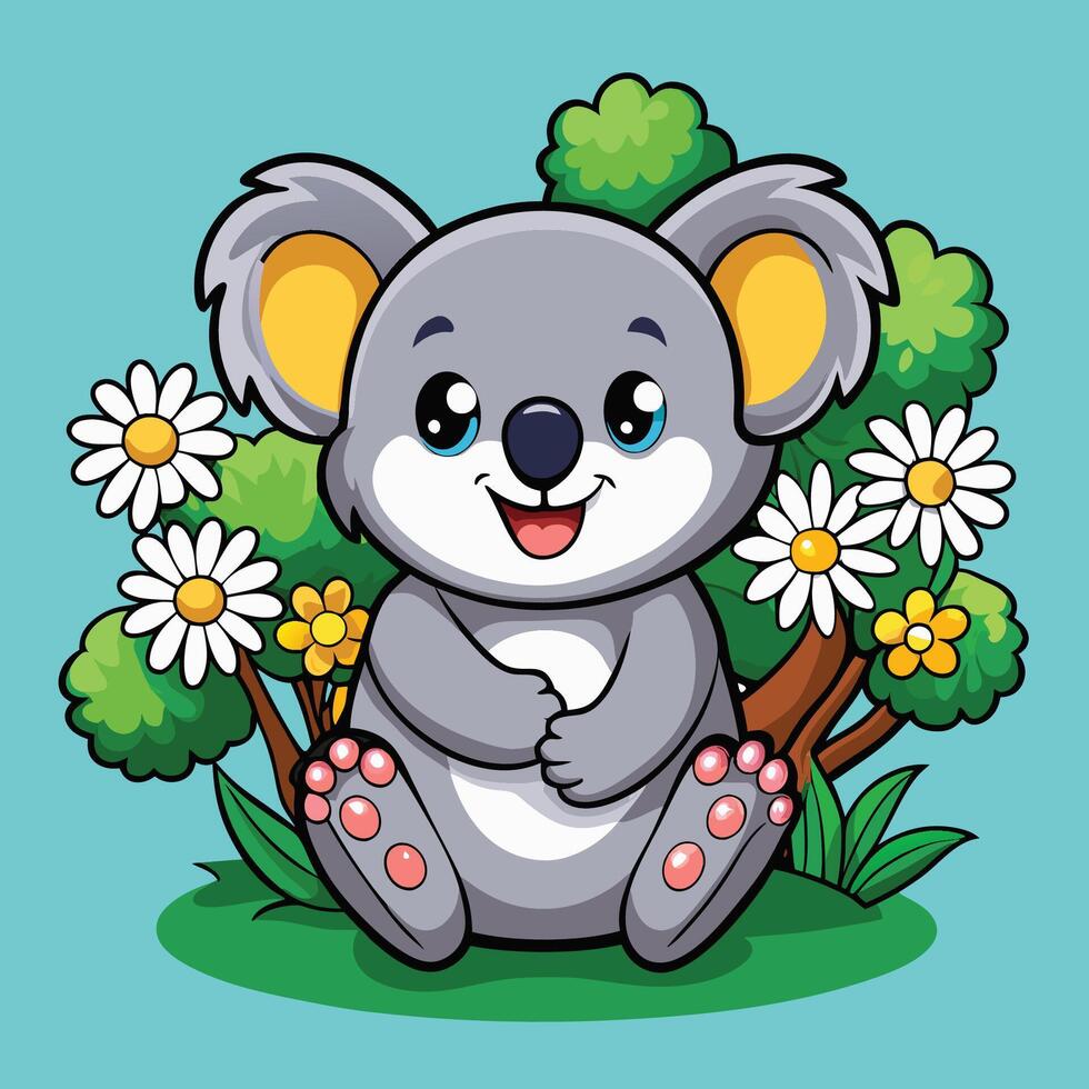 Adorable Cartoon Koala Hugging Bouquet of Flowers with Smiling Expression vector