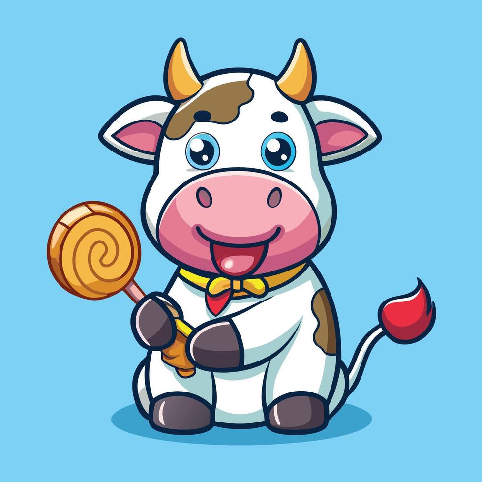 Adorable Cartoon Cow Munching on a Swirling Lollipop Candy vector