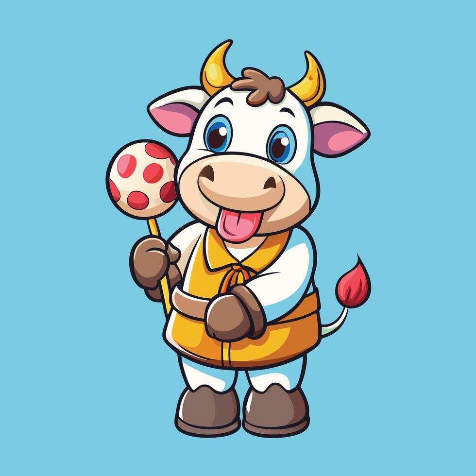 Adorable Cartoon Cow Indulging in Sweet Treat with Lollipop Candy vector