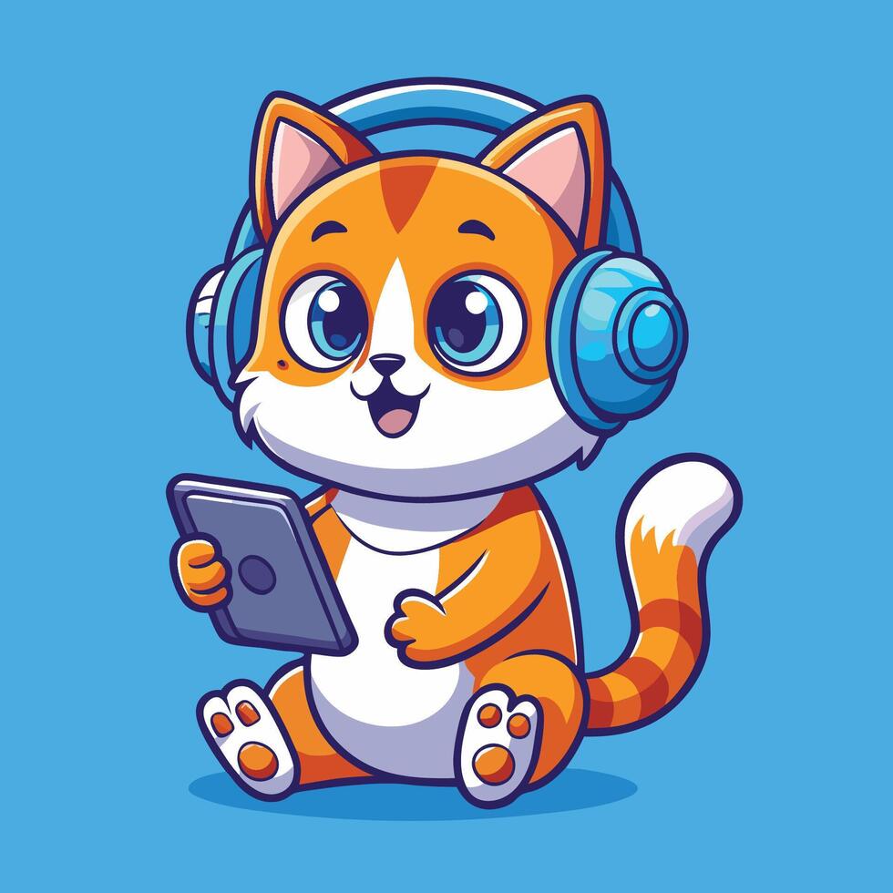 Adorable Feline Enjoys Music with Headphones on Phone vector