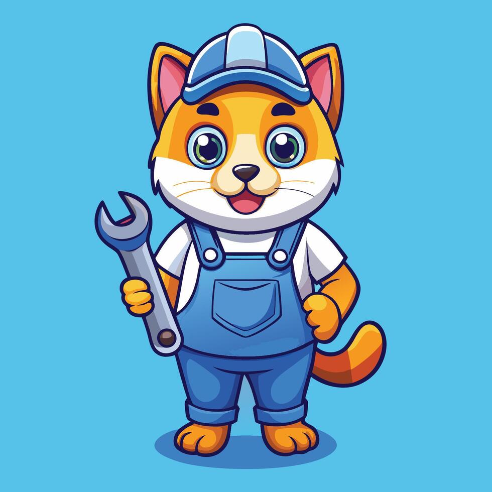 Cartoon Image of a Cute Cat Handyman Holding a Wrench vector