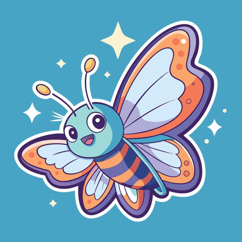 Enchanting Cartoon Sticker Featuring a Butterfly s Graceful Flight Amidst Fairy Dust Magic vector