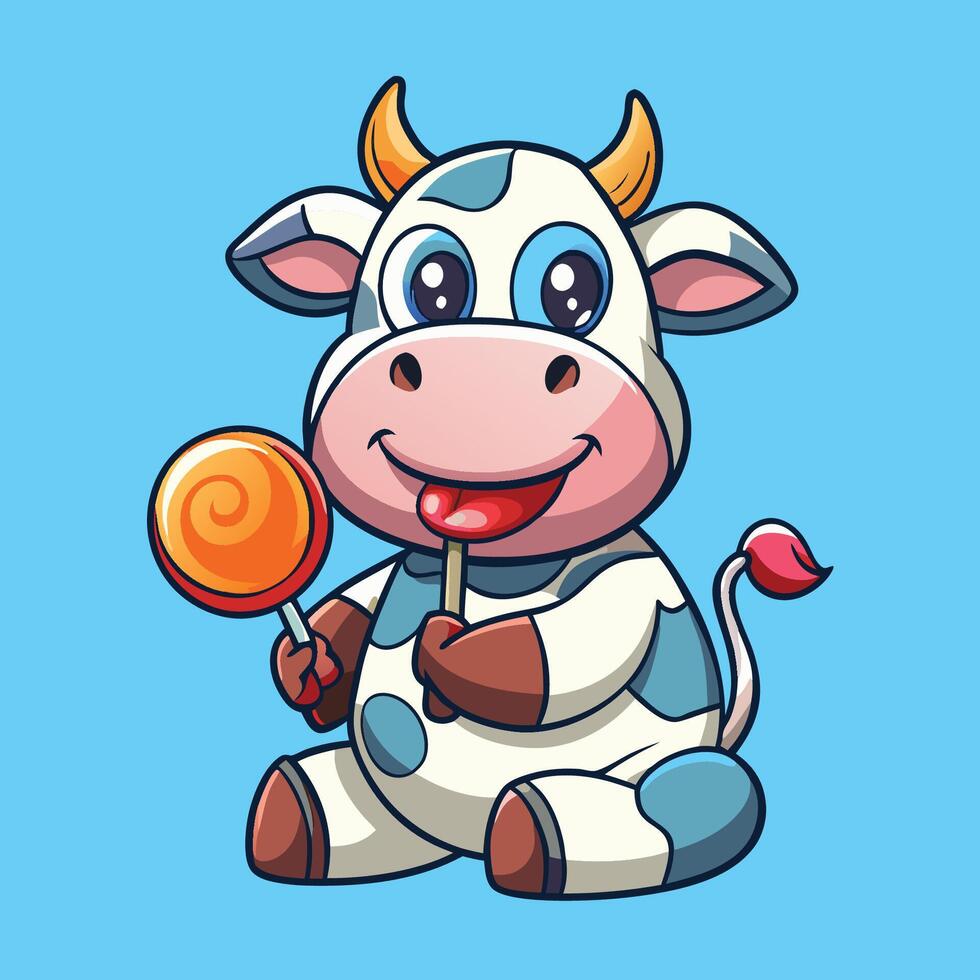 Adorable Cow Enjoying a Lollipop Candy Cartoon Illustration vector