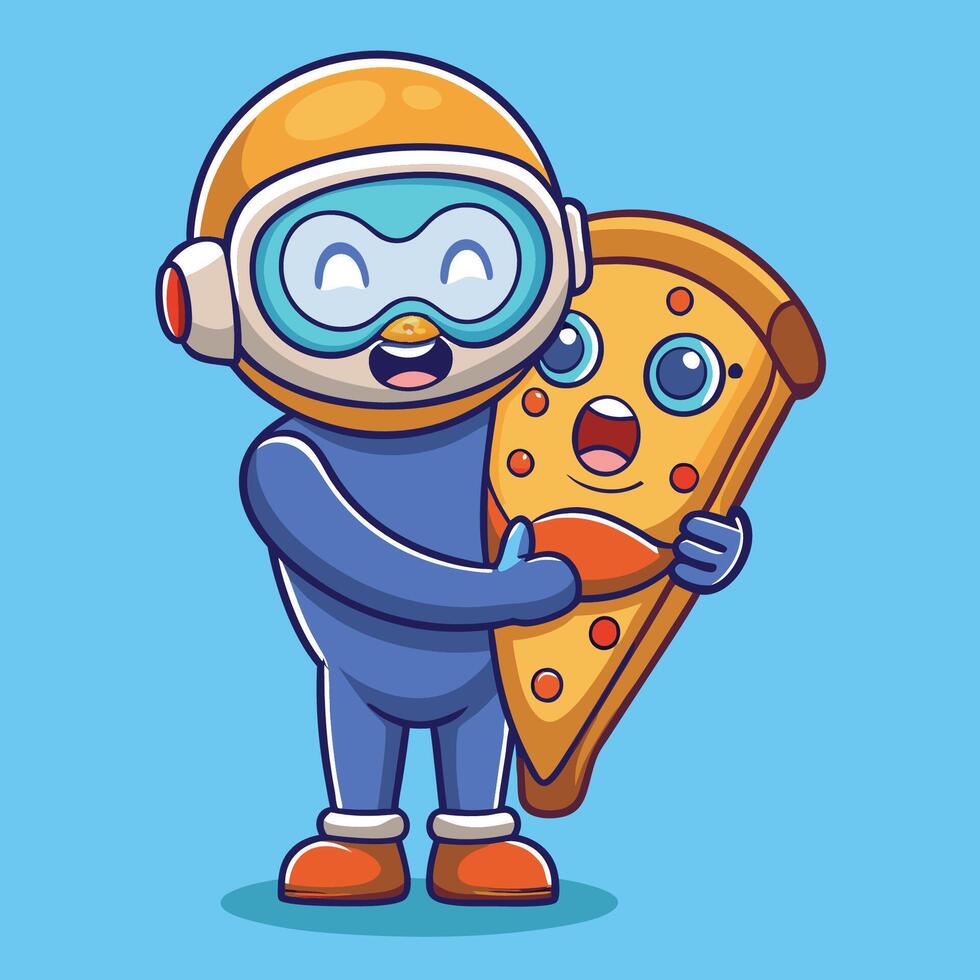 Cute Diver Hugging a Pizza Underwater Cartoon Illustration vector