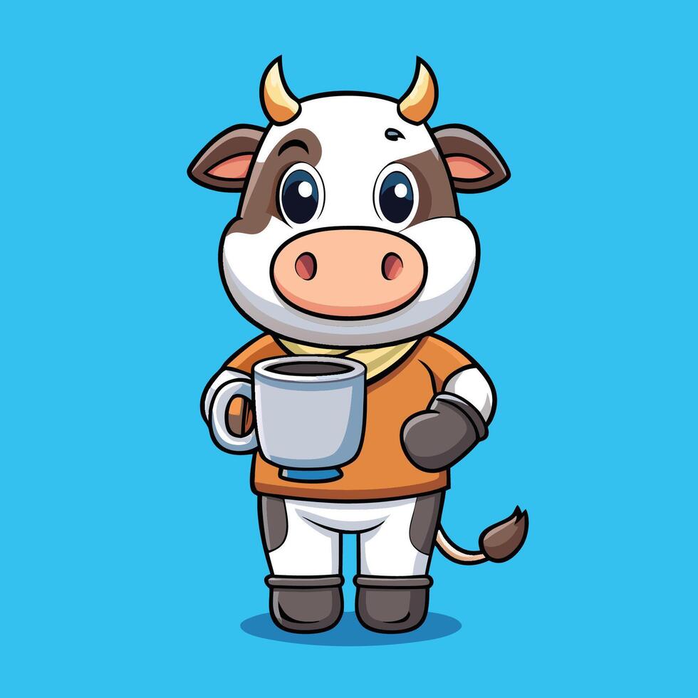 Adorable Cow Holds Milk Jug in Cute Coffee Cartoon Icon vector