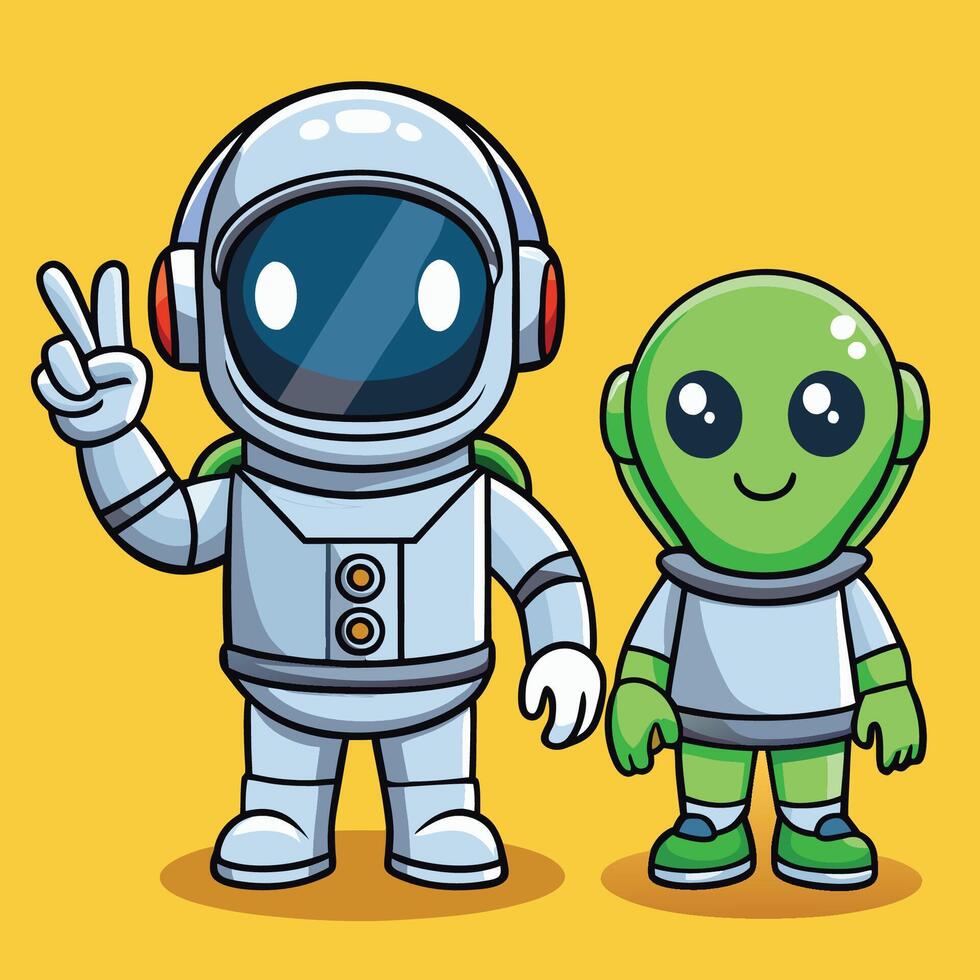 Cute Astronaut and Alien Fostering Harmony with Peace Signs vector