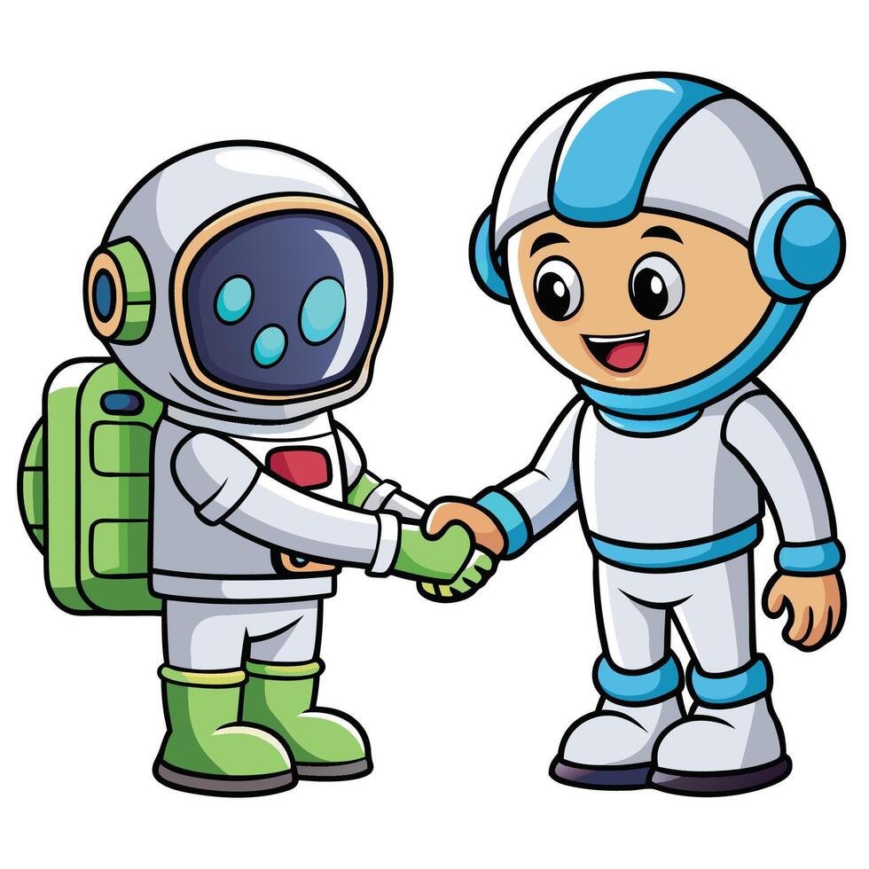 Intergalactic Amity Cute Astronaut and Alien Shake Hands in a Cartoon vector
