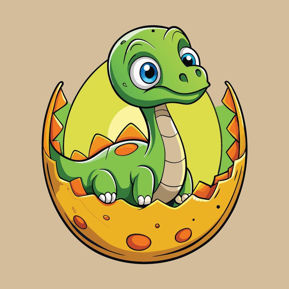 Adorable Brontosaurus Dinosaur Hatching from a Cracked Egg in Cute Cartoon Illustration vector