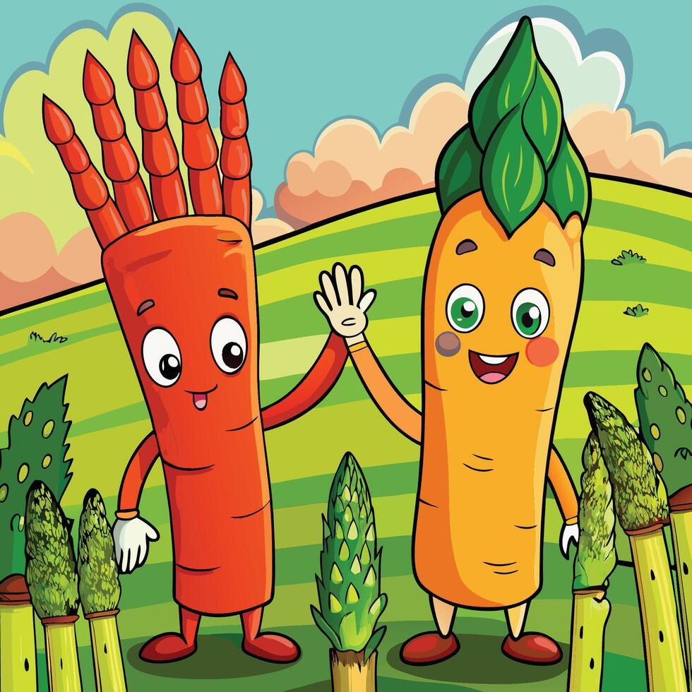 Amiable Carrot and Asparagus Giving a Joyful High-Five Cartoon Illustration vector
