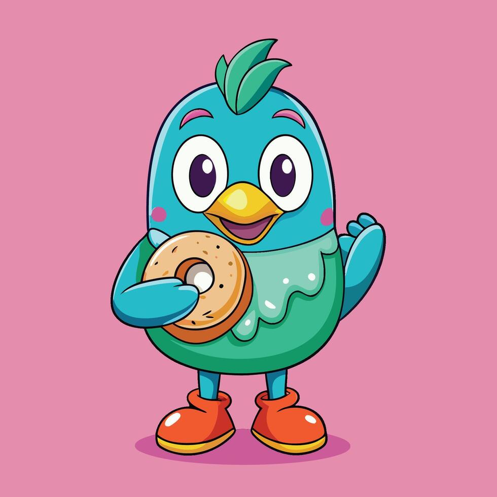 Delightful Cartoon Illustration of a Cute Bird Enjoying a Tasty Donut vector