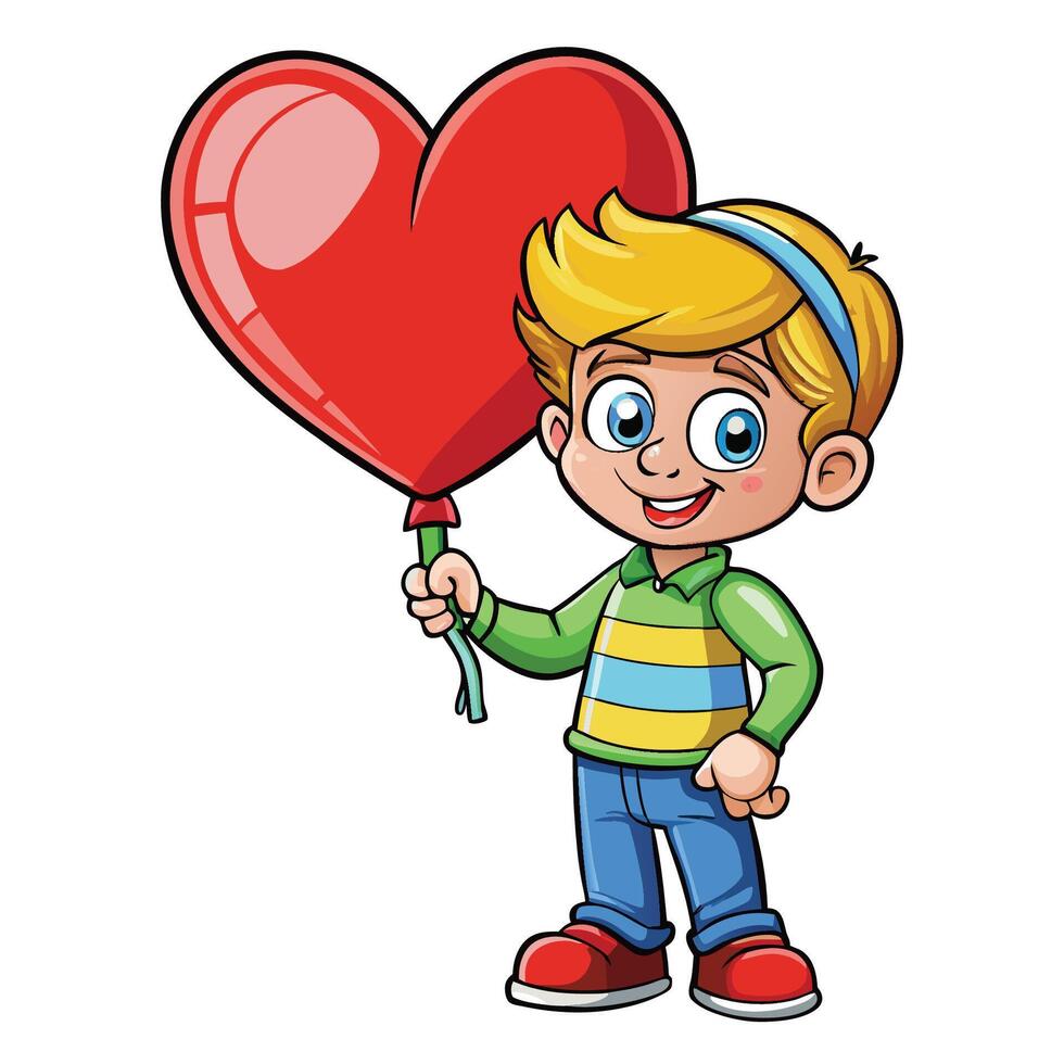 Adoring Boy Holding Red Balloon within a Heart-Shaped Sign Cartoon vector