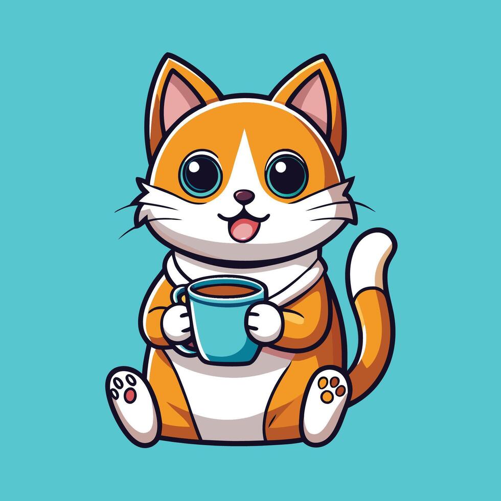 Kawaii Cat Indulging in a Warm Coffee Embrace Cute Cartoon Icon Illustration vector