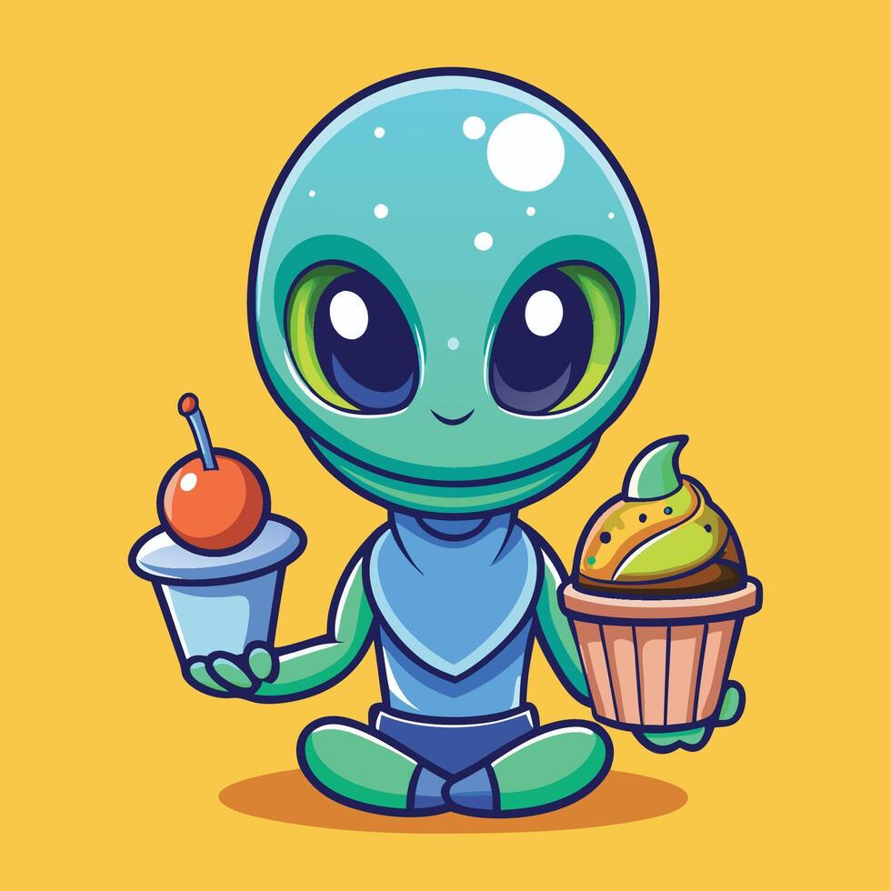 Adorable Extraterrestrial Indulging in a Sweet Treat amidst a Galactic Coffee Haven vector