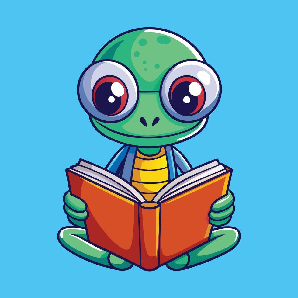 Adorable Cartoon Alien Reading a Book with Big Eyes and a Smile vector