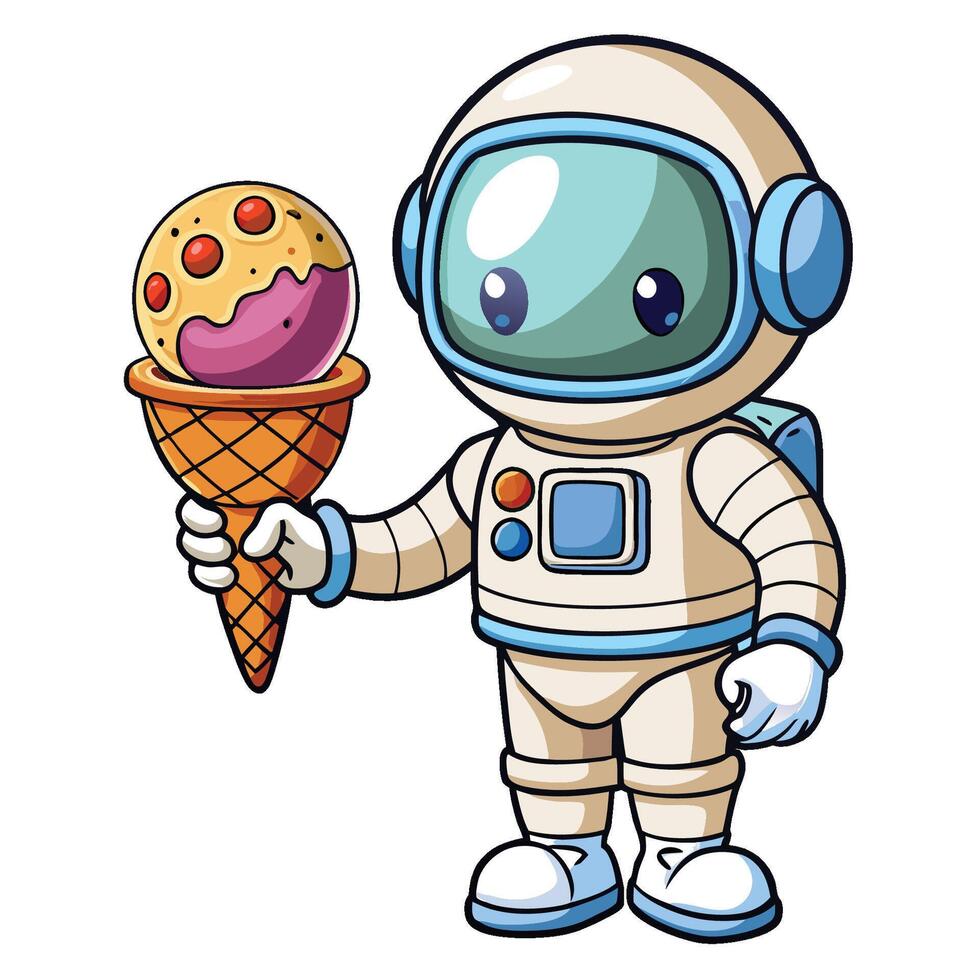 Adorable Astronaut Delighting in a Planet Ice Cream Cone in Space vector