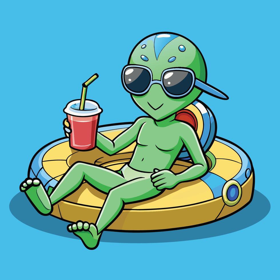 Joyous Alien Relaxing in Swimming Tires with Refreshing Juice Cart vector