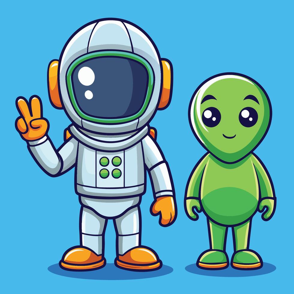 Adorable Cartoon of an Astronaut and Alien Bonding with Peace Gestures vector