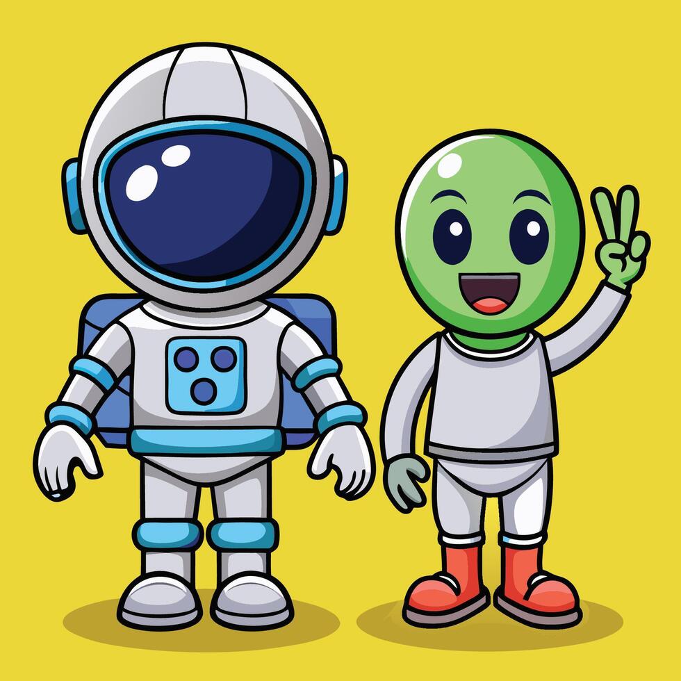 Delightful Cartoon Depicting a Cosmic Friendship Between a Cute Astronaut and an Alien with a Peace Hand Gesture in a Starry Sky vector