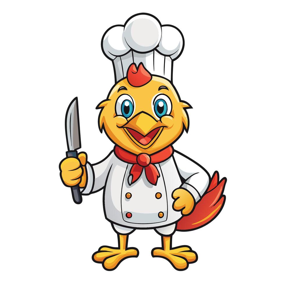 Cute Cartoon Chicken Chef Holding Knife and Smiling vector