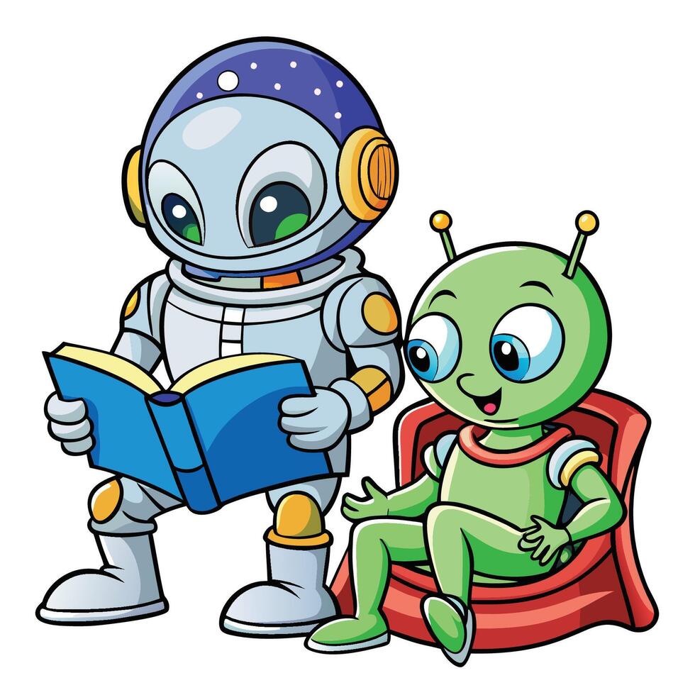 Adorable Alien and Astronaut Buddies Engaged in Reading Adventure vector