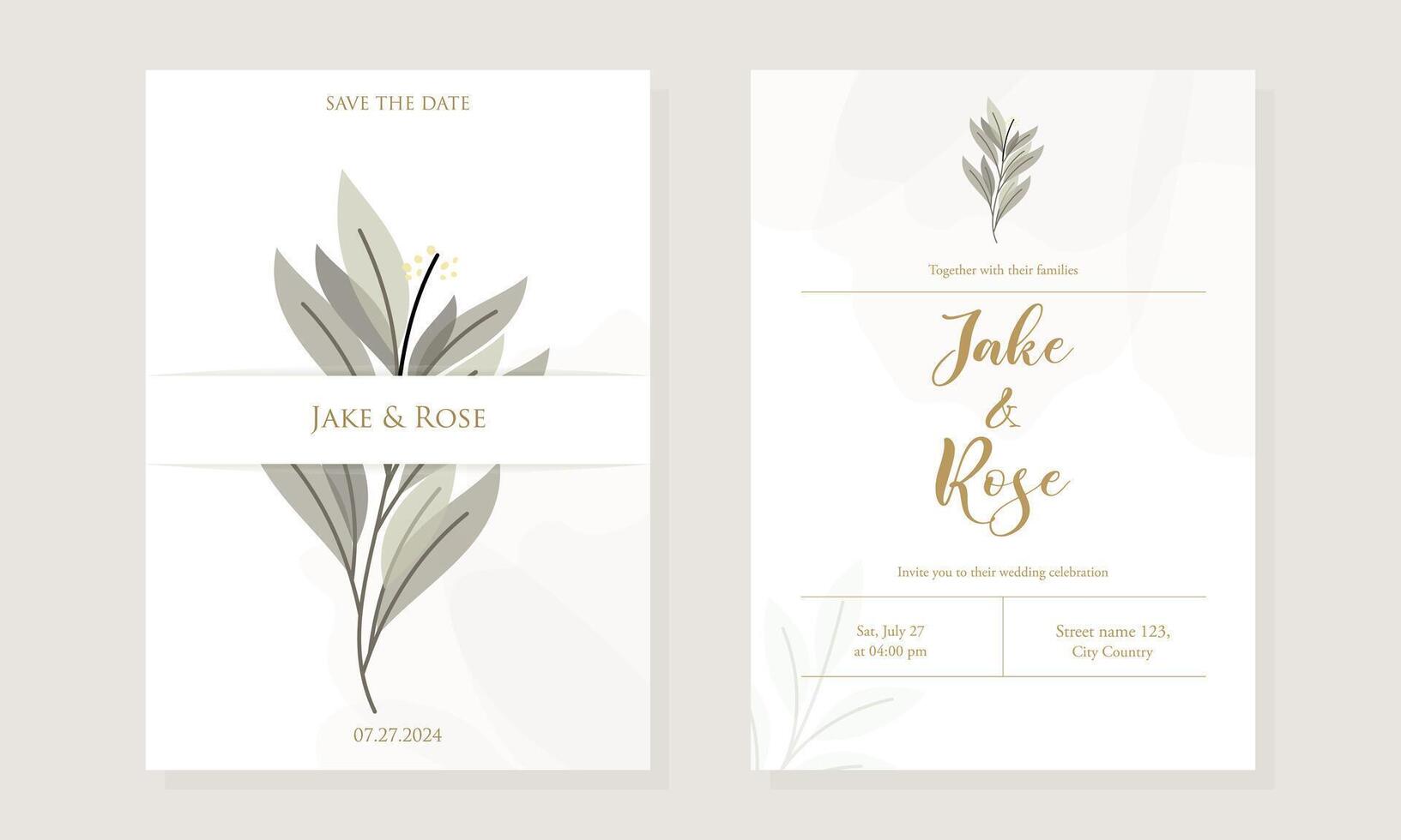 Retro Wedding Invitation Template Featuring Green Leaves and Flowers. vector