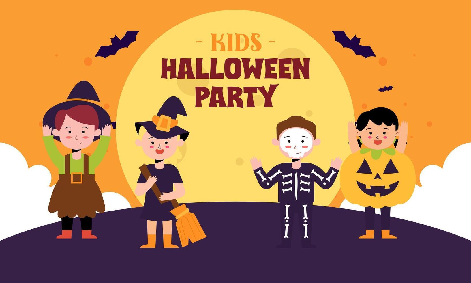 Halloween Kids Party Welcome Banner. Cute Boys and Girls Wear Halloween Horror and Monster Costume Illustration vector