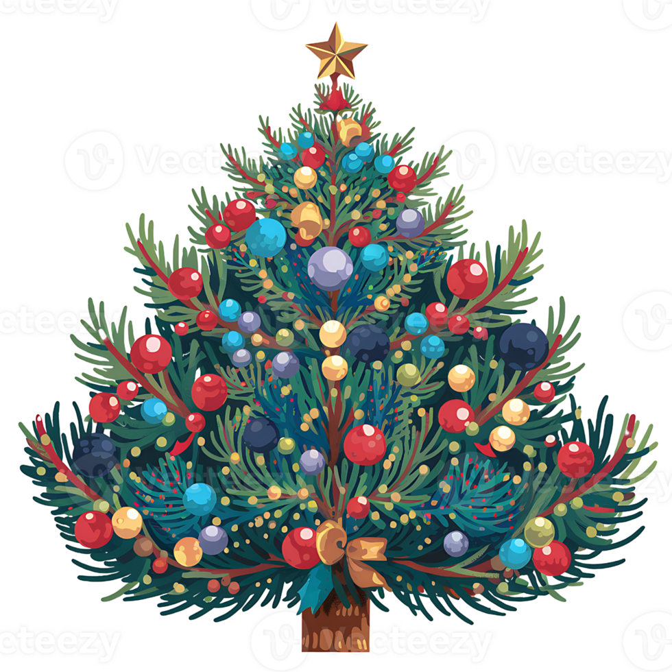 illustration of a fully decorated Christmas tree on transparent background png
