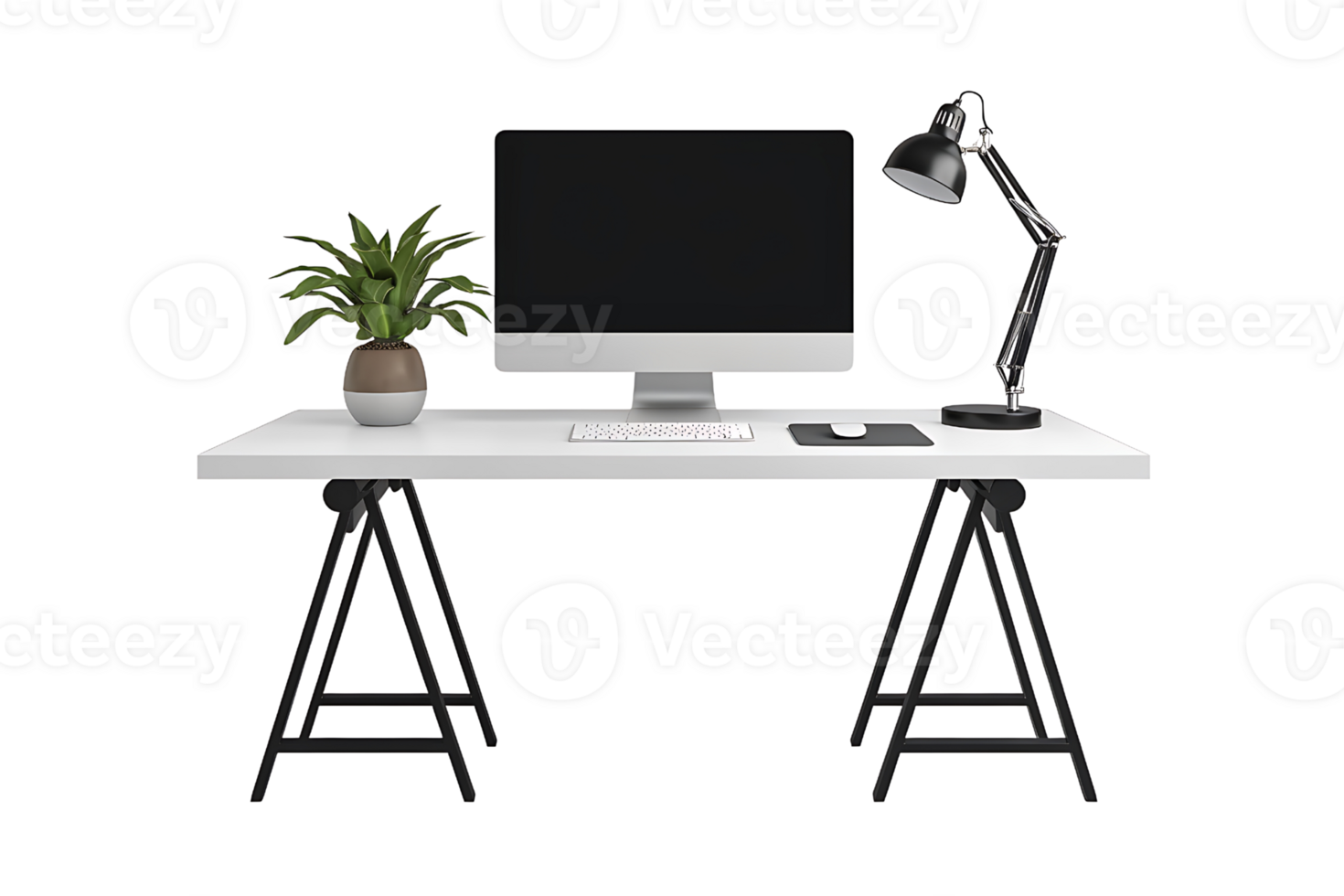 minimalist white desk with black trestle and desktop computer on transparent background png