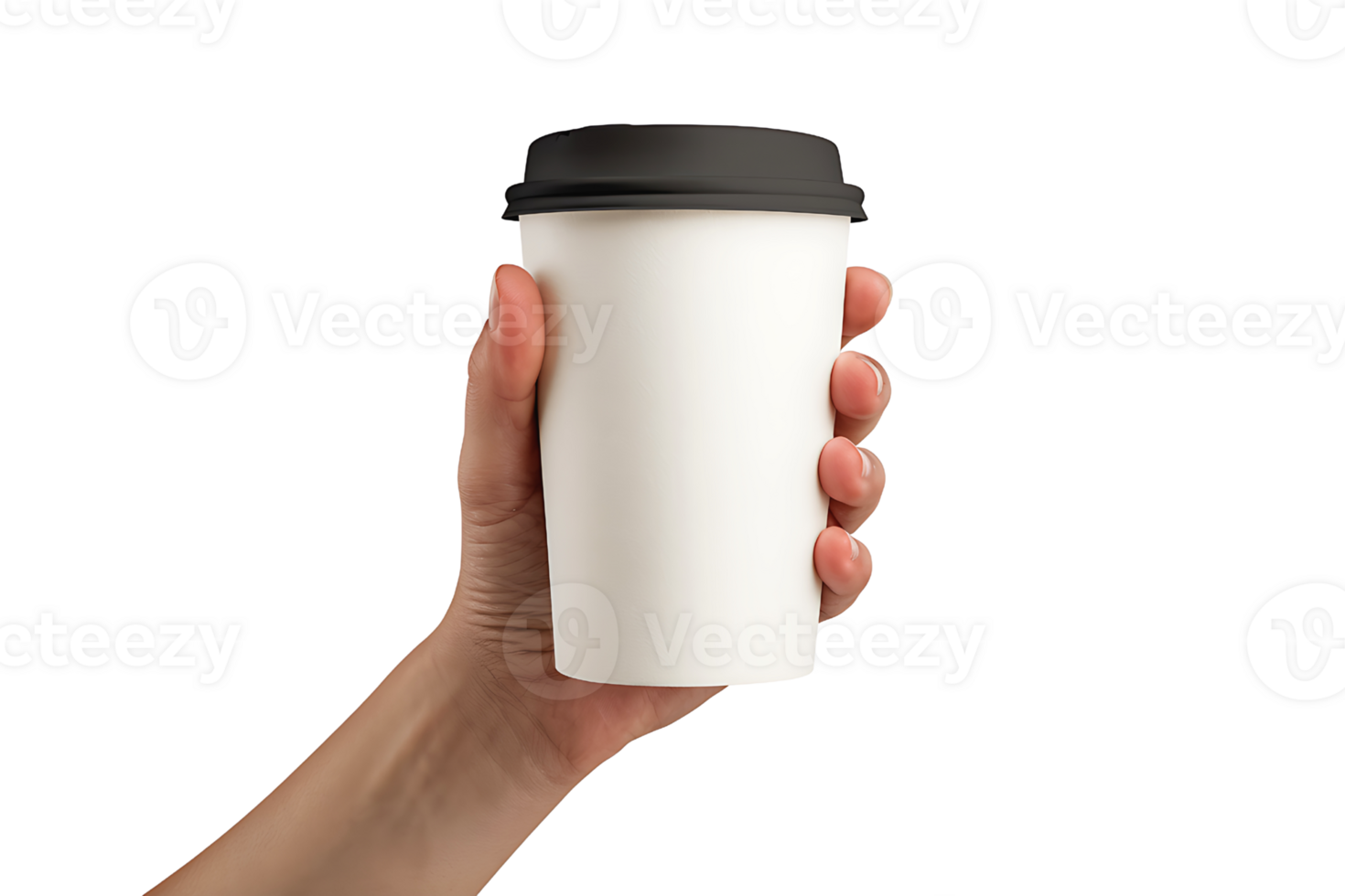 hand holds a white coffee cup with a black lid on transparent background png